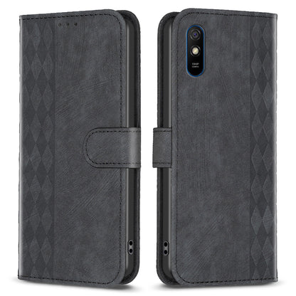 For Xiaomi Redmi 9A Leather Phone Case Imprinting Grid Anti-drop Wallet Stand Shell