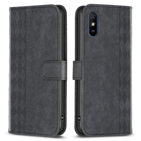 For Xiaomi Redmi 9A Leather Phone Case Imprinting Grid Anti-drop Wallet Stand Shell