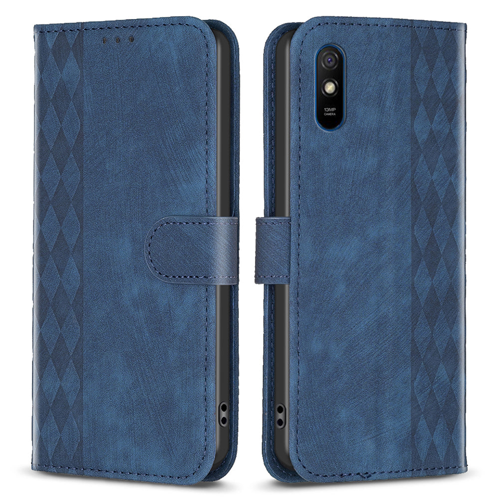 For Xiaomi Redmi 9A Leather Phone Case Imprinting Grid Anti-drop Wallet Stand Shell