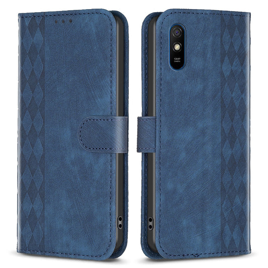 For Xiaomi Redmi 9A Leather Phone Case Imprinting Grid Anti-drop Wallet Stand Shell