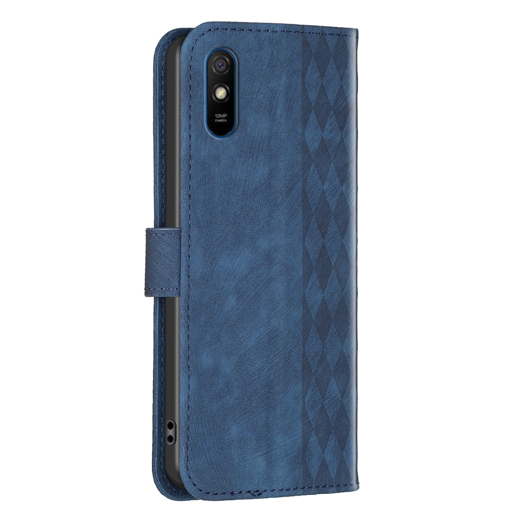 For Xiaomi Redmi 9A Leather Phone Case Imprinting Grid Anti-drop Wallet Stand Shell