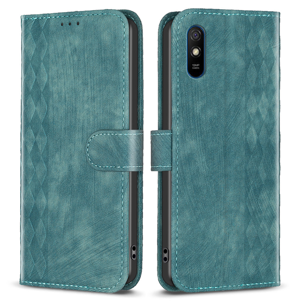 For Xiaomi Redmi 9A Leather Phone Case Imprinting Grid Anti-drop Wallet Stand Shell