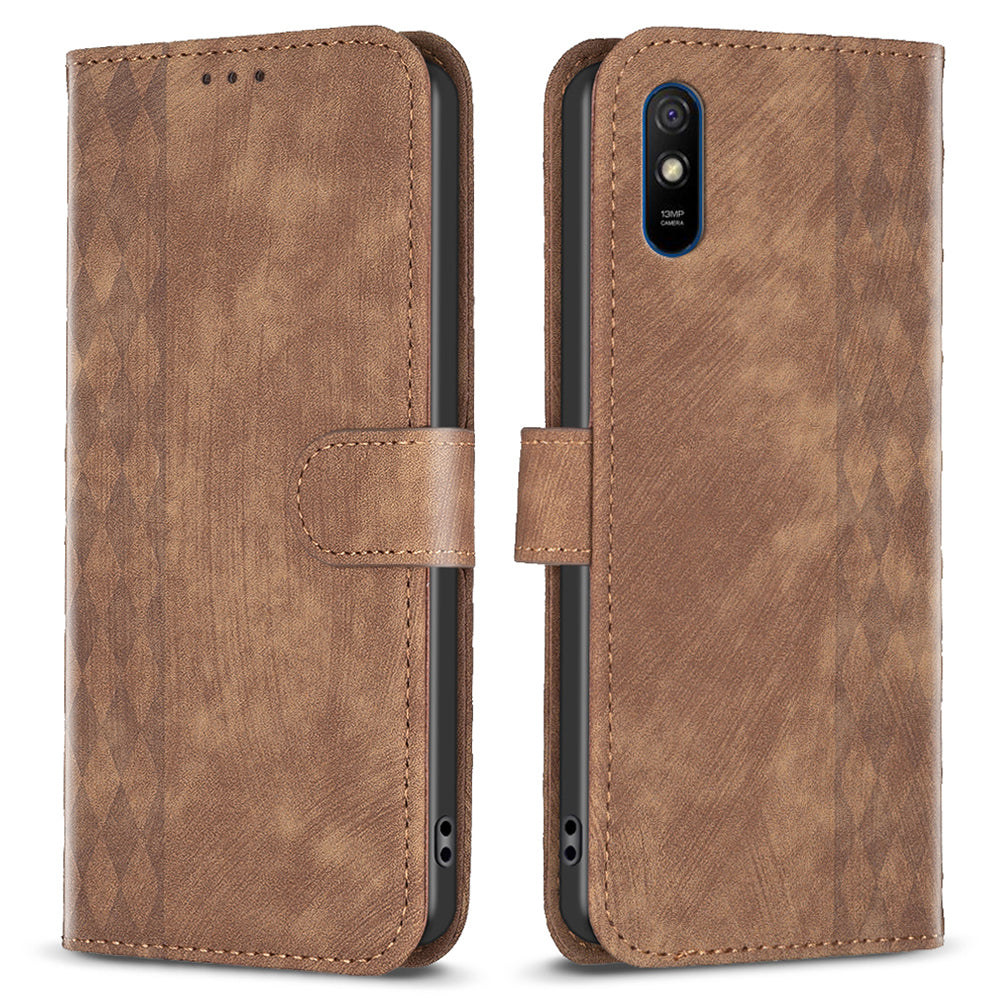For Xiaomi Redmi 9A Leather Phone Case Imprinting Grid Anti-drop Wallet Stand Shell