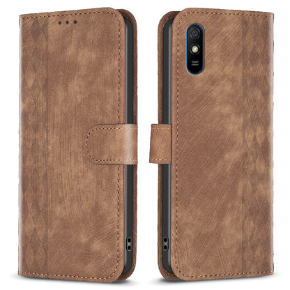 For Xiaomi Redmi 9A Leather Phone Case Imprinting Grid Anti-drop Wallet Stand Shell