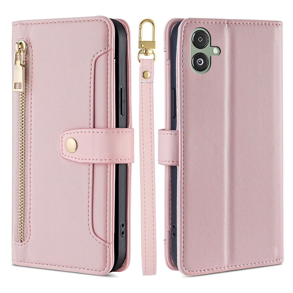 For Samsung Galaxy F14 5G Zipper Pocket Phone Case Anti-Drop PU Leather Wallet Phone Shell with 2 Straps