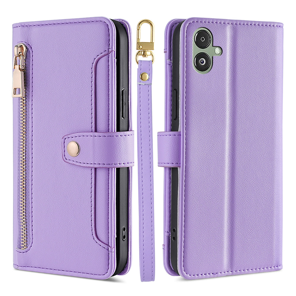For Samsung Galaxy F14 5G Zipper Pocket Phone Case Anti-Drop PU Leather Wallet Phone Shell with 2 Straps
