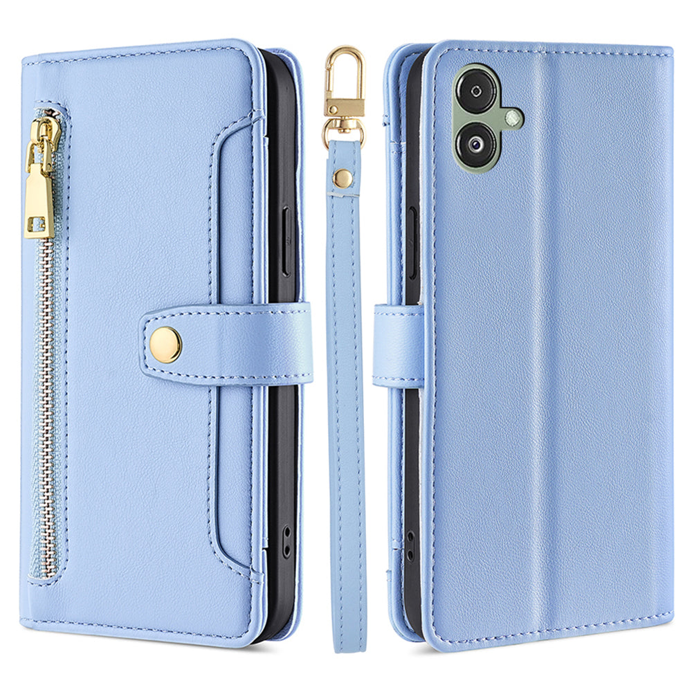 For Samsung Galaxy F14 5G Zipper Pocket Phone Case Anti-Drop PU Leather Wallet Phone Shell with 2 Straps