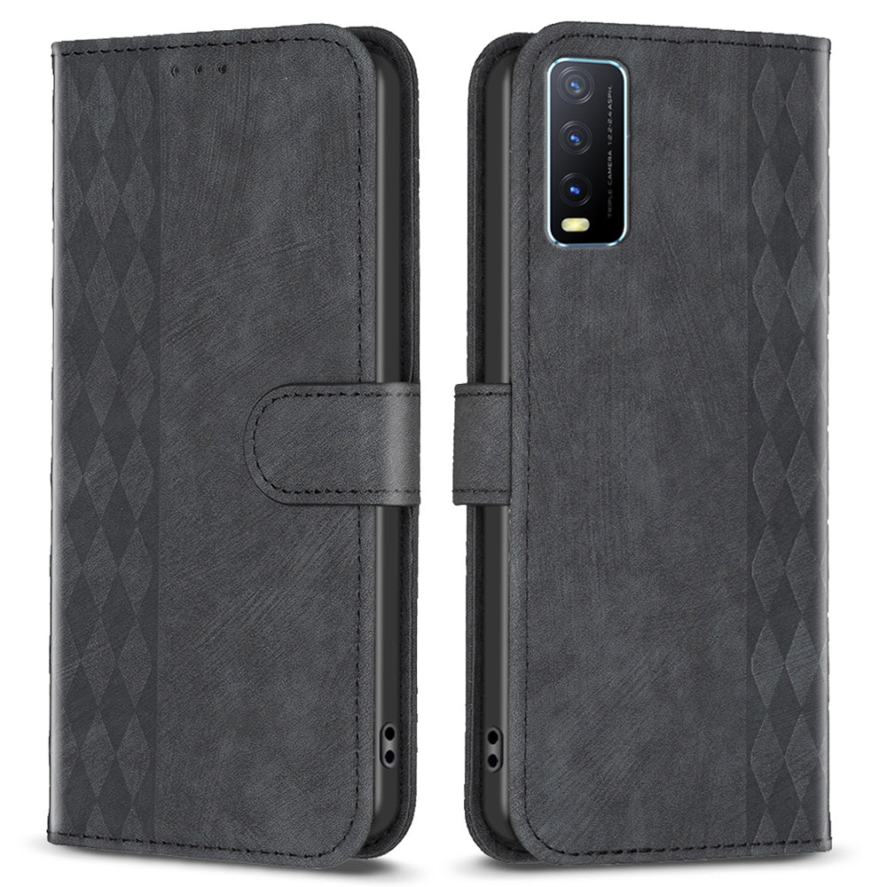 For vivo Y20s / Y11s / Y30 (China) / Y20 / Y20i / iQOO U1x Grid Pattern Imprinting Phone Case Stand Wallet Cover