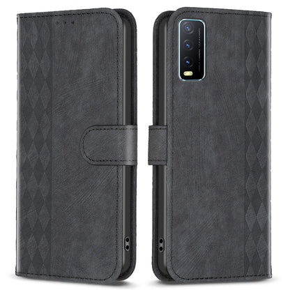 For vivo Y20s / Y11s / Y30 (China) / Y20 / Y20i / iQOO U1x Grid Pattern Imprinting Phone Case Stand Wallet Cover