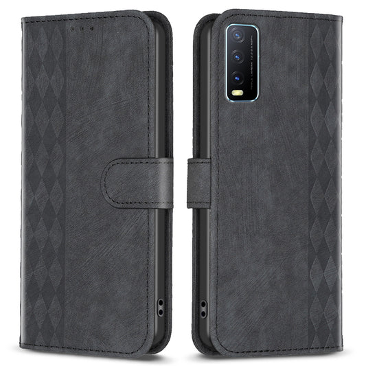 For vivo Y20s / Y11s / Y30 (China) / Y20 / Y20i / iQOO U1x Grid Pattern Imprinting Phone Case Stand Wallet Cover
