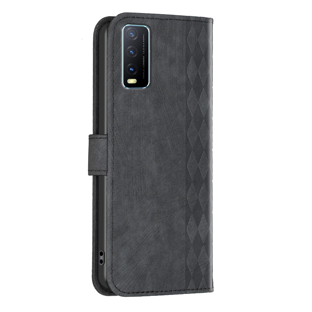 For vivo Y20s / Y11s / Y30 (China) / Y20 / Y20i / iQOO U1x Grid Pattern Imprinting Phone Case Stand Wallet Cover