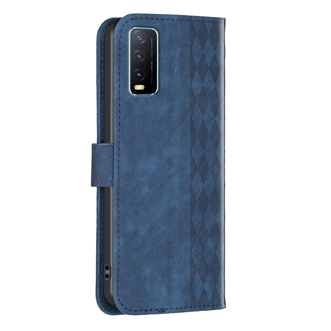 For vivo Y20s / Y11s / Y30 (China) / Y20 / Y20i / iQOO U1x Grid Pattern Imprinting Phone Case Stand Wallet Cover