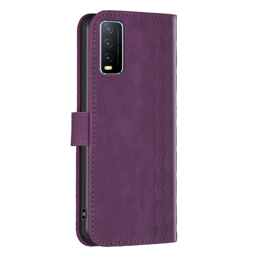 For vivo Y20s / Y11s / Y30 (China) / Y20 / Y20i / iQOO U1x Grid Pattern Imprinting Phone Case Stand Wallet Cover