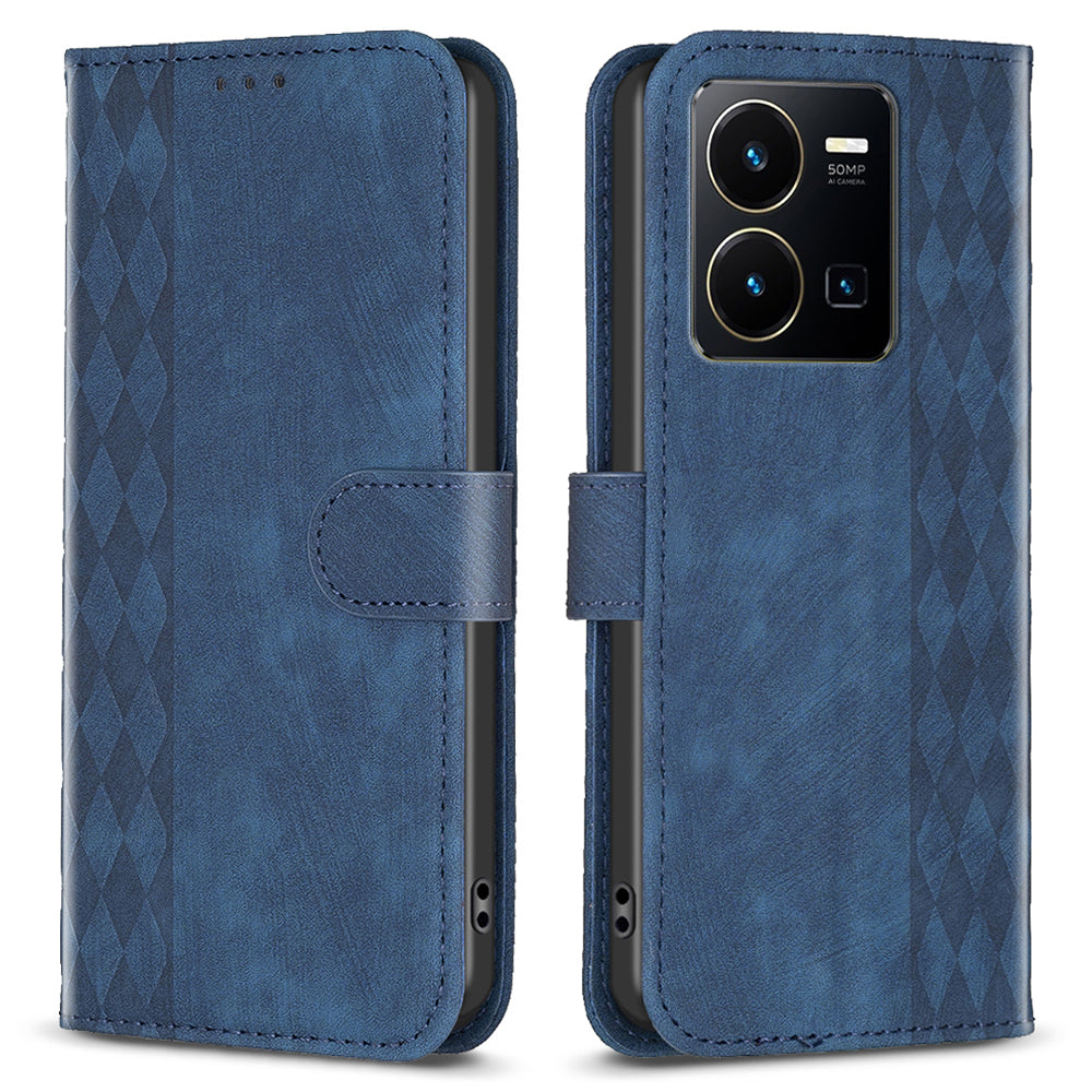Phone Case for vivo Y35 4G (2022) / Y22s 4G PU Leather Grid Pattern Imprinted Cover with Stand Wallet