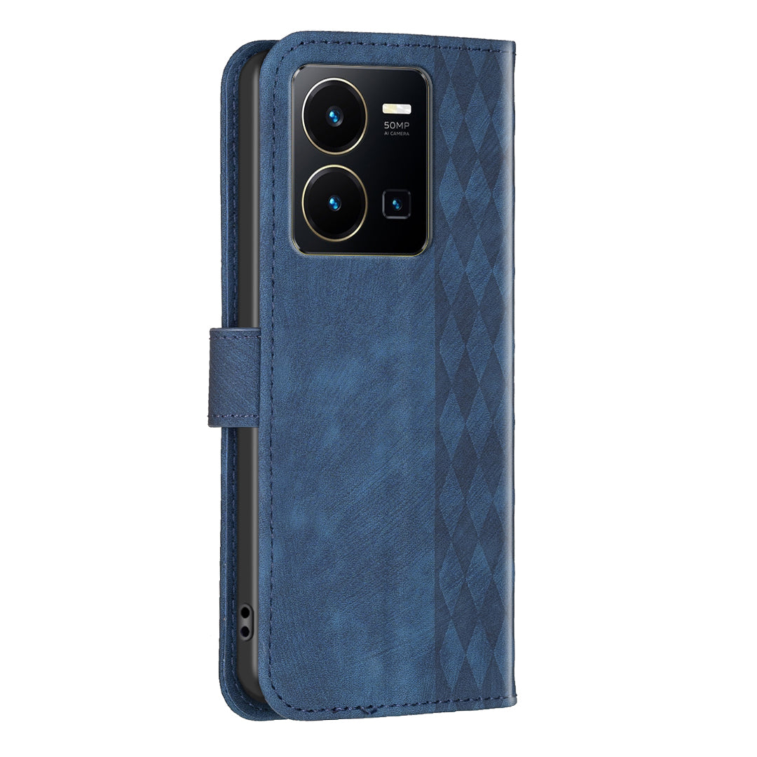 Phone Case for vivo Y35 4G (2022) / Y22s 4G PU Leather Grid Pattern Imprinted Cover with Stand Wallet
