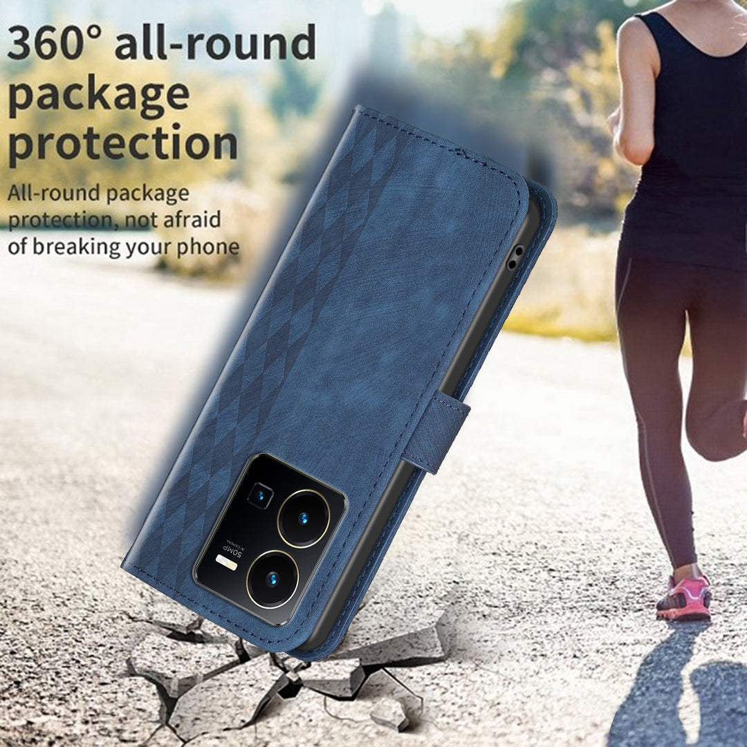 Phone Case for vivo Y35 4G (2022) / Y22s 4G PU Leather Grid Pattern Imprinted Cover with Stand Wallet