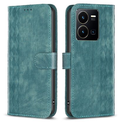 Phone Case for vivo Y35 4G (2022) / Y22s 4G PU Leather Grid Pattern Imprinted Cover with Stand Wallet