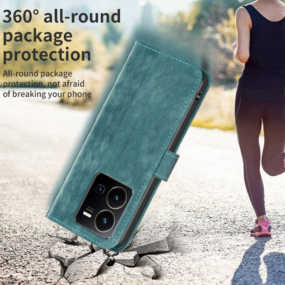 Phone Case for vivo Y35 4G (2022) / Y22s 4G PU Leather Grid Pattern Imprinted Cover with Stand Wallet