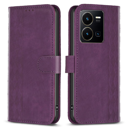 Phone Case for vivo Y35 4G (2022) / Y22s 4G PU Leather Grid Pattern Imprinted Cover with Stand Wallet