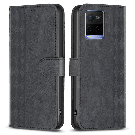 Phone Case for vivo Y21 / Y21s / Y33s PU Leather Grid Pattern Imprinted Cover Stand Wallet Shell