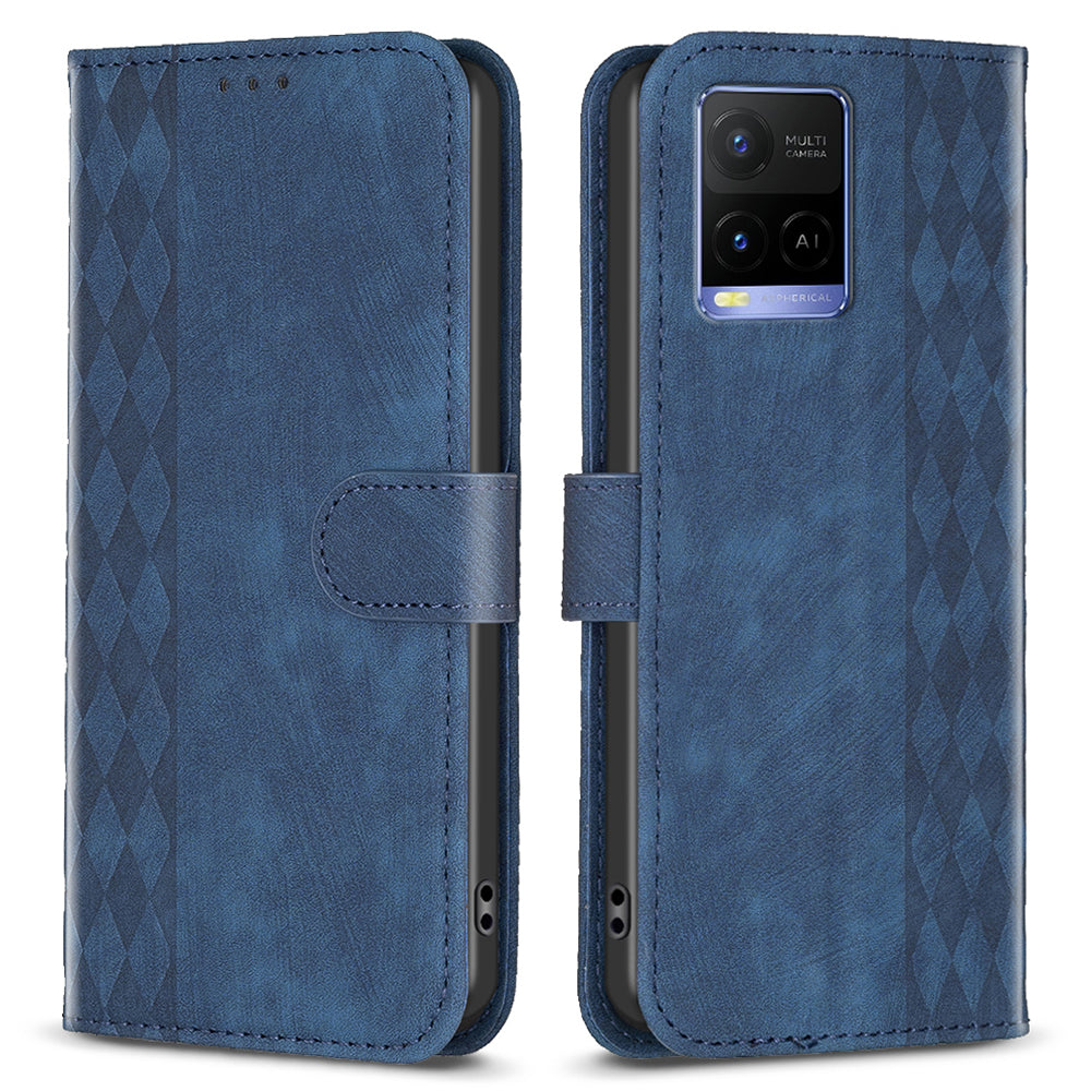Phone Case for vivo Y21 / Y21s / Y33s PU Leather Grid Pattern Imprinted Cover Stand Wallet Shell