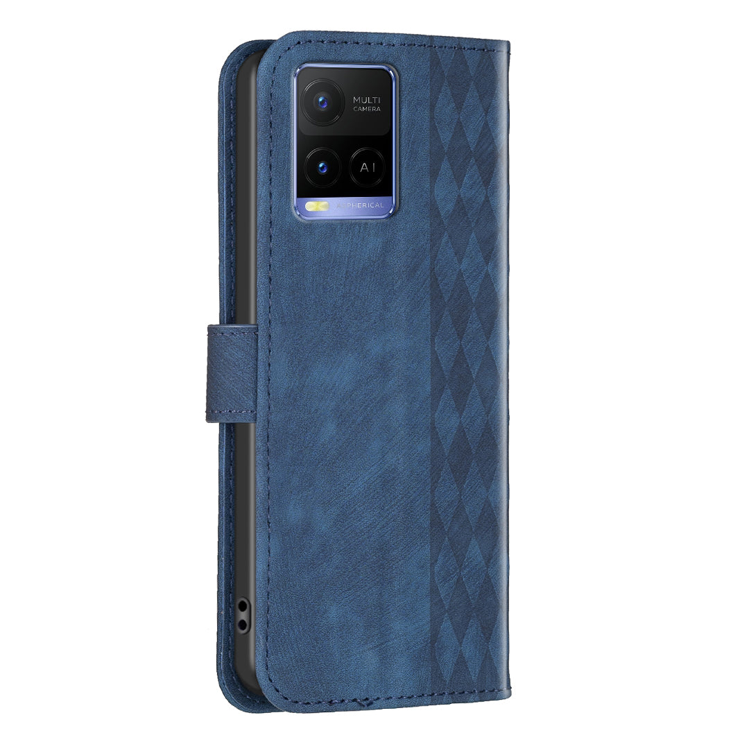 Phone Case for vivo Y21 / Y21s / Y33s PU Leather Grid Pattern Imprinted Cover Stand Wallet Shell