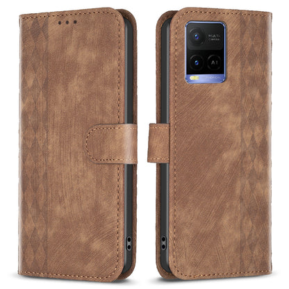 Phone Case for vivo Y21 / Y21s / Y33s PU Leather Grid Pattern Imprinted Cover Stand Wallet Shell