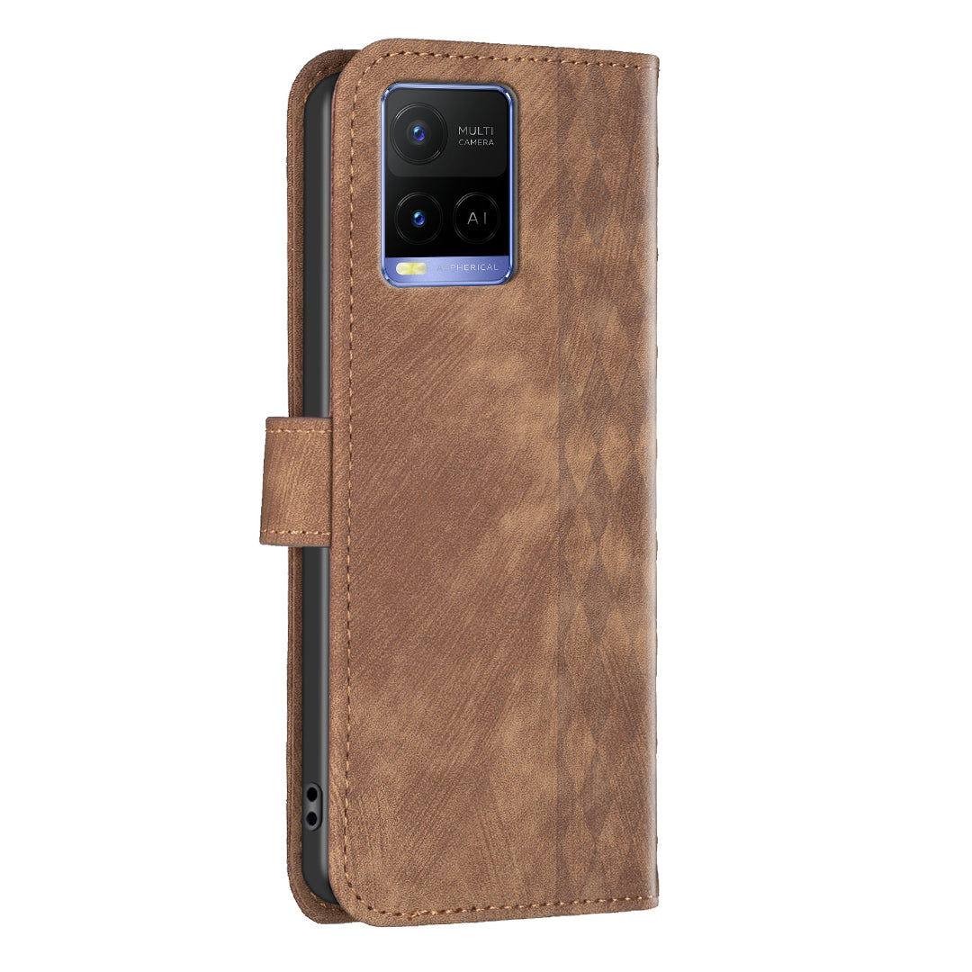 Phone Case for vivo Y21 / Y21s / Y33s PU Leather Grid Pattern Imprinted Cover Stand Wallet Shell