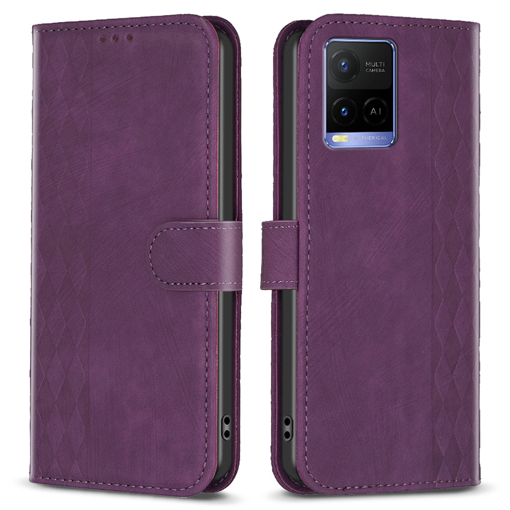 Phone Case for vivo Y21 / Y21s / Y33s PU Leather Grid Pattern Imprinted Cover Stand Wallet Shell