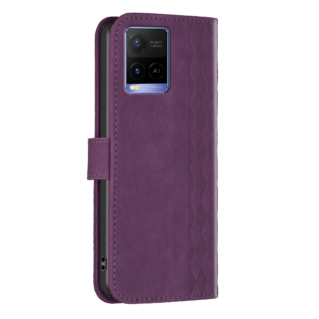 Phone Case for vivo Y21 / Y21s / Y33s PU Leather Grid Pattern Imprinted Cover Stand Wallet Shell
