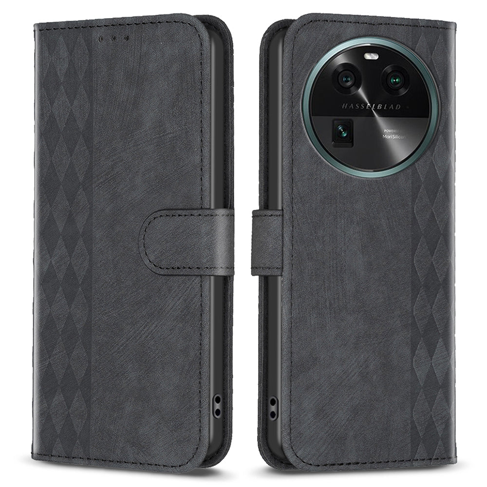 Phone Case for Oppo Find X6 Grid Pattern Imprinted Cover Stand Wallet PU Leather Drop-proof Shell