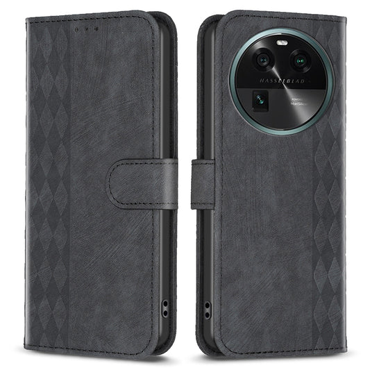 Phone Case for Oppo Find X6 Grid Pattern Imprinted Cover Stand Wallet PU Leather Drop-proof Shell