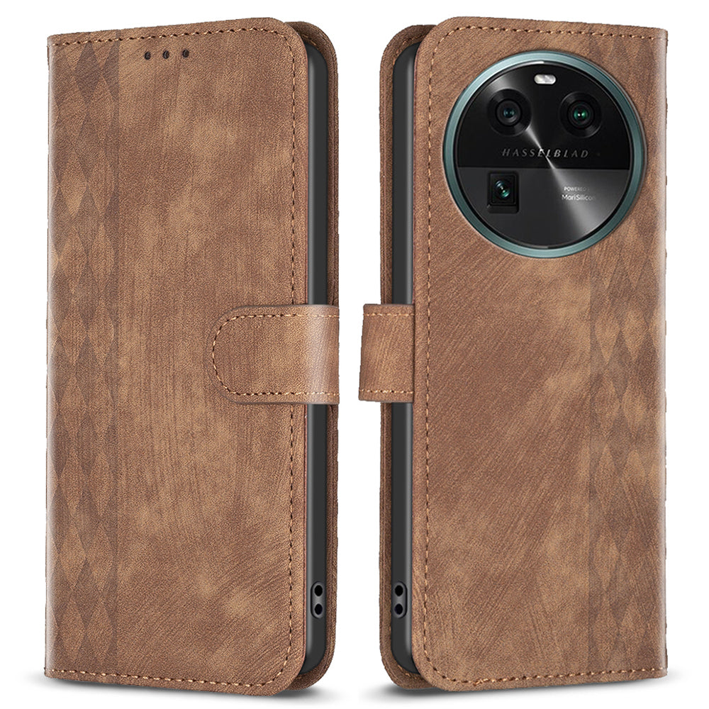 Phone Case for Oppo Find X6 Grid Pattern Imprinted Cover Stand Wallet PU Leather Drop-proof Shell