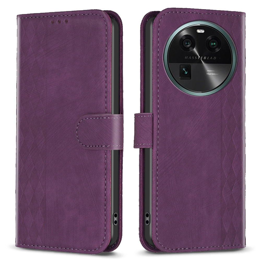 Phone Case for Oppo Find X6 Grid Pattern Imprinted Cover Stand Wallet PU Leather Drop-proof Shell