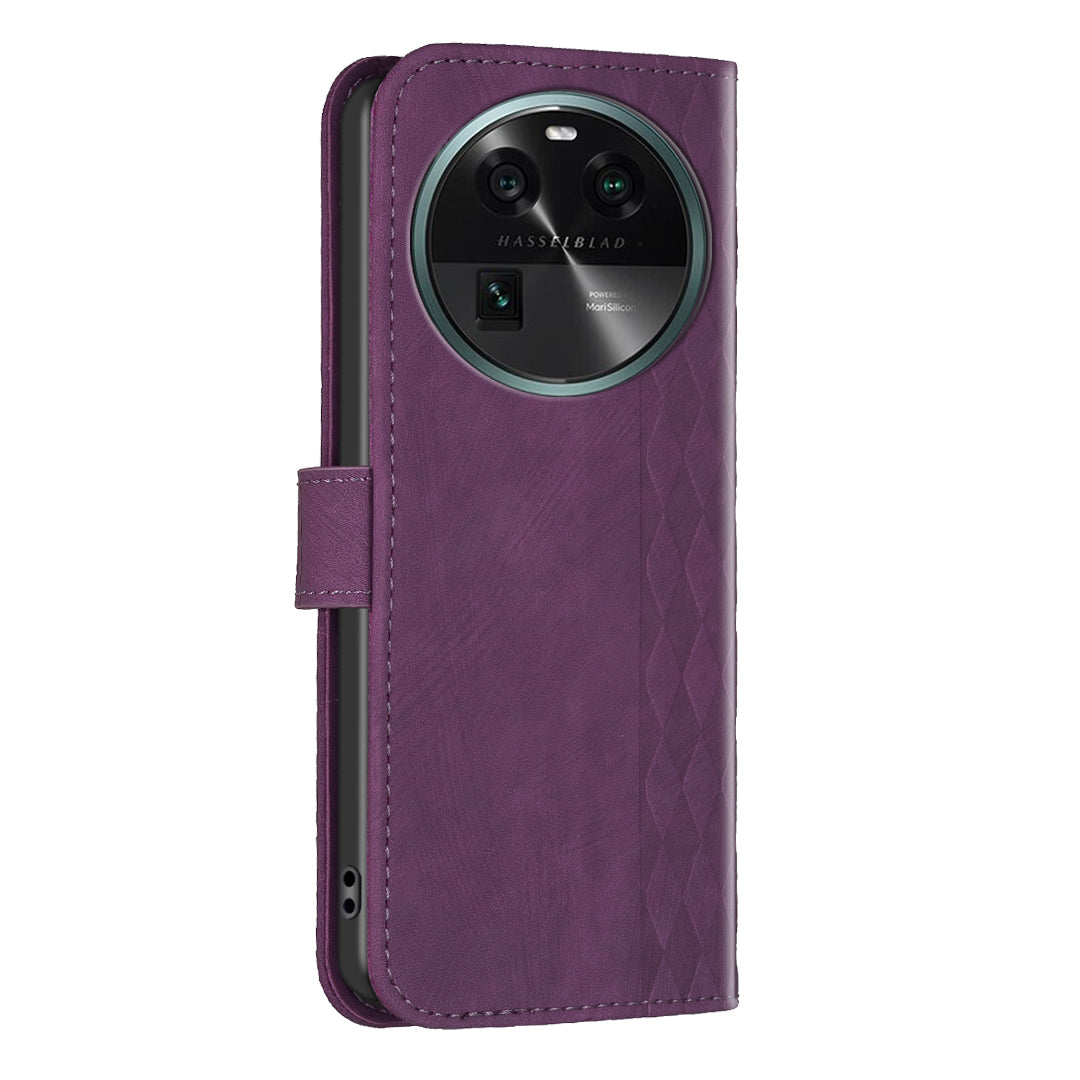 Phone Case for Oppo Find X6 Grid Pattern Imprinted Cover Stand Wallet PU Leather Drop-proof Shell