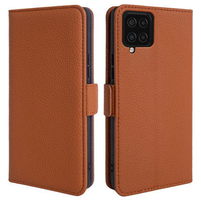 Anti-scratch Wallet Case for Samsung Galaxy A12 Litchi Texture Genuine Cow Leather Stand Phone Cover