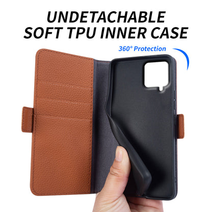 Anti-scratch Wallet Case for Samsung Galaxy A12 Litchi Texture Genuine Cow Leather Stand Phone Cover