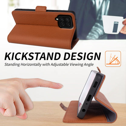 Anti-scratch Wallet Case for Samsung Galaxy A12 Litchi Texture Genuine Cow Leather Stand Phone Cover