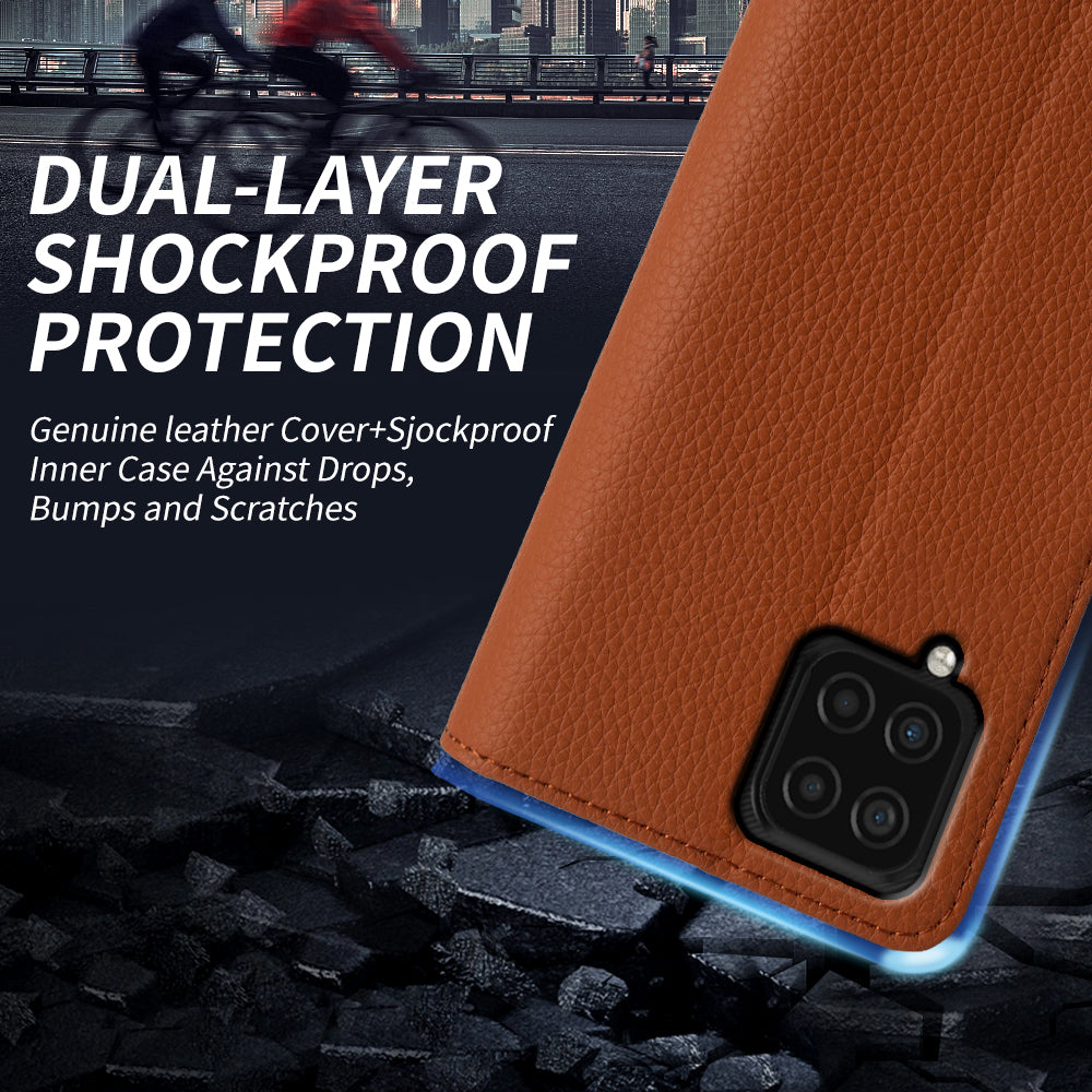 Anti-scratch Wallet Case for Samsung Galaxy A12 Litchi Texture Genuine Cow Leather Stand Phone Cover