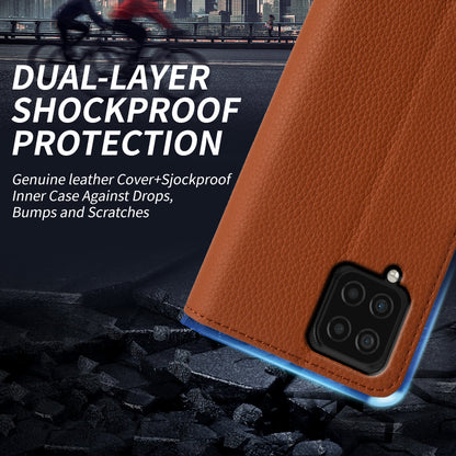 Anti-scratch Wallet Case for Samsung Galaxy A12 Litchi Texture Genuine Cow Leather Stand Phone Cover