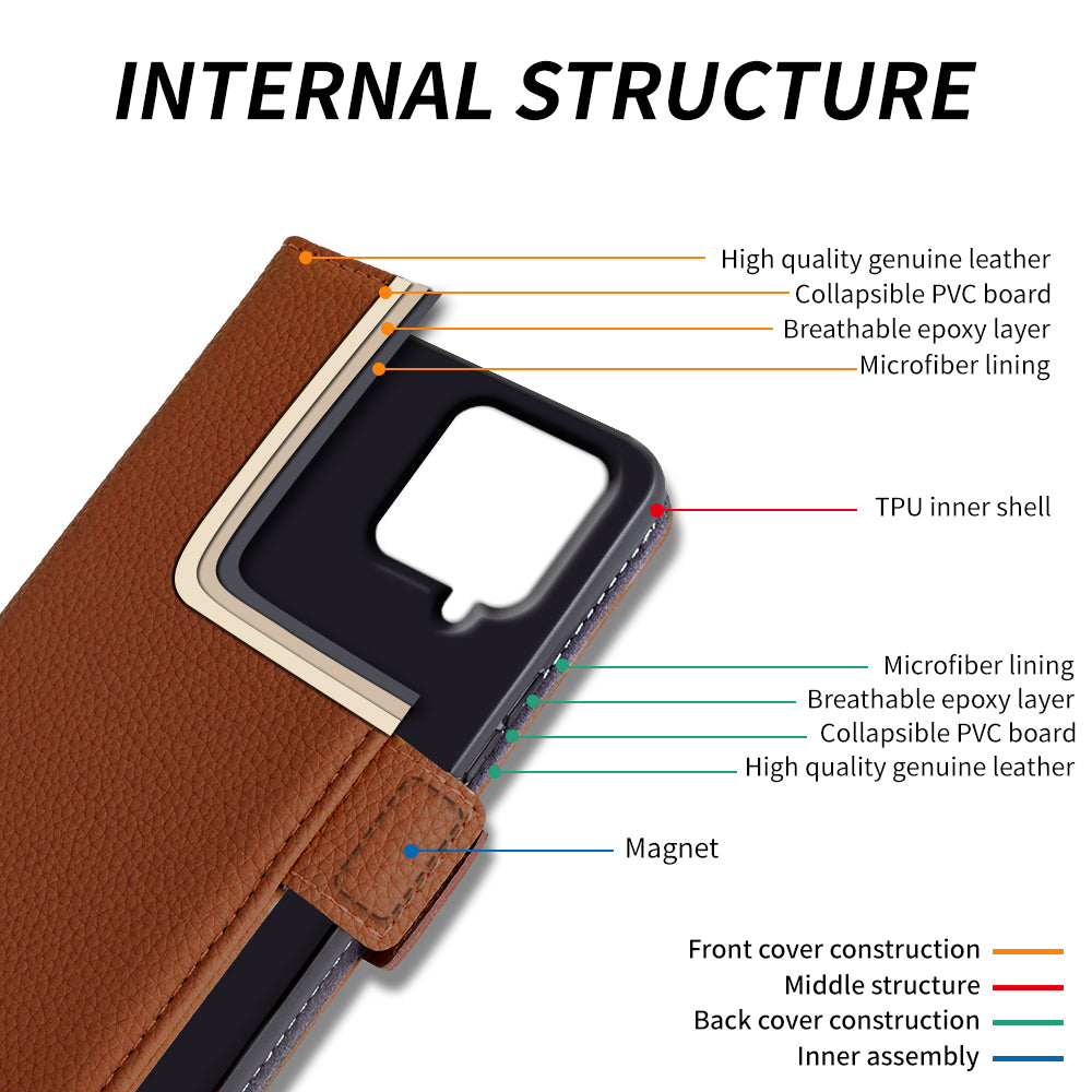 Anti-scratch Wallet Case for Samsung Galaxy A12 Litchi Texture Genuine Cow Leather Stand Phone Cover