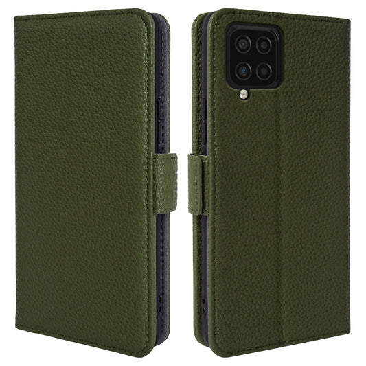 Anti-scratch Wallet Case for Samsung Galaxy A12 Litchi Texture Genuine Cow Leather Stand Phone Cover