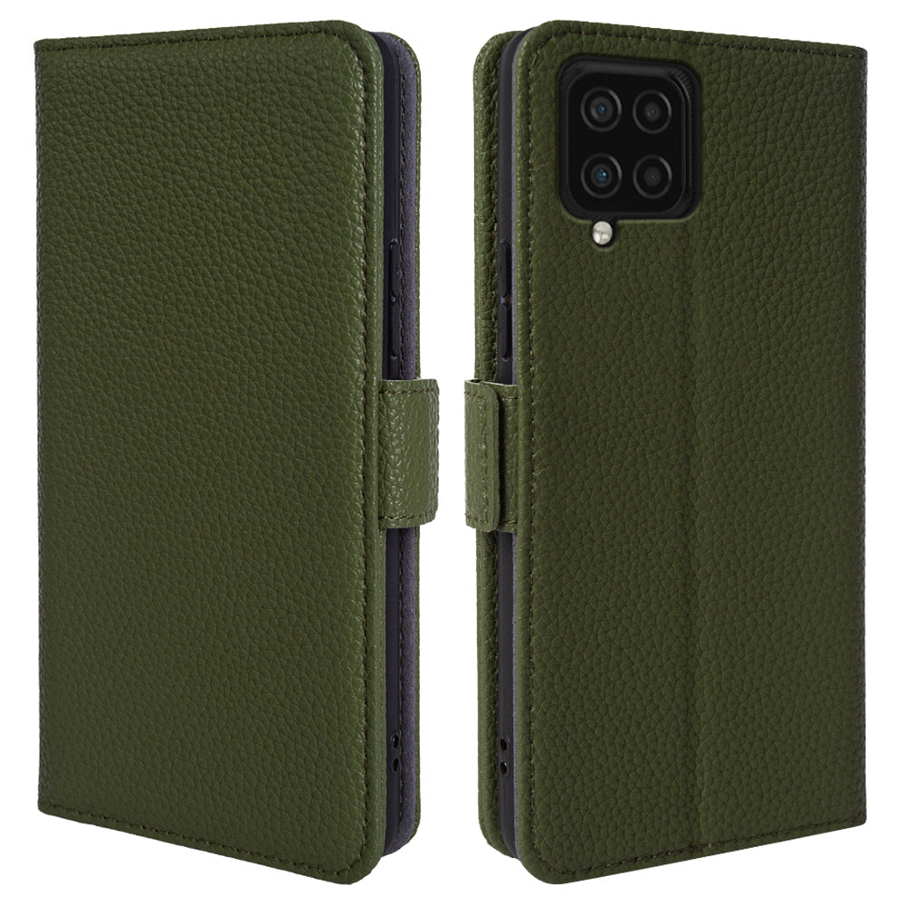 Anti-scratch Wallet Case for Samsung Galaxy A12 Litchi Texture Genuine Cow Leather Stand Phone Cover