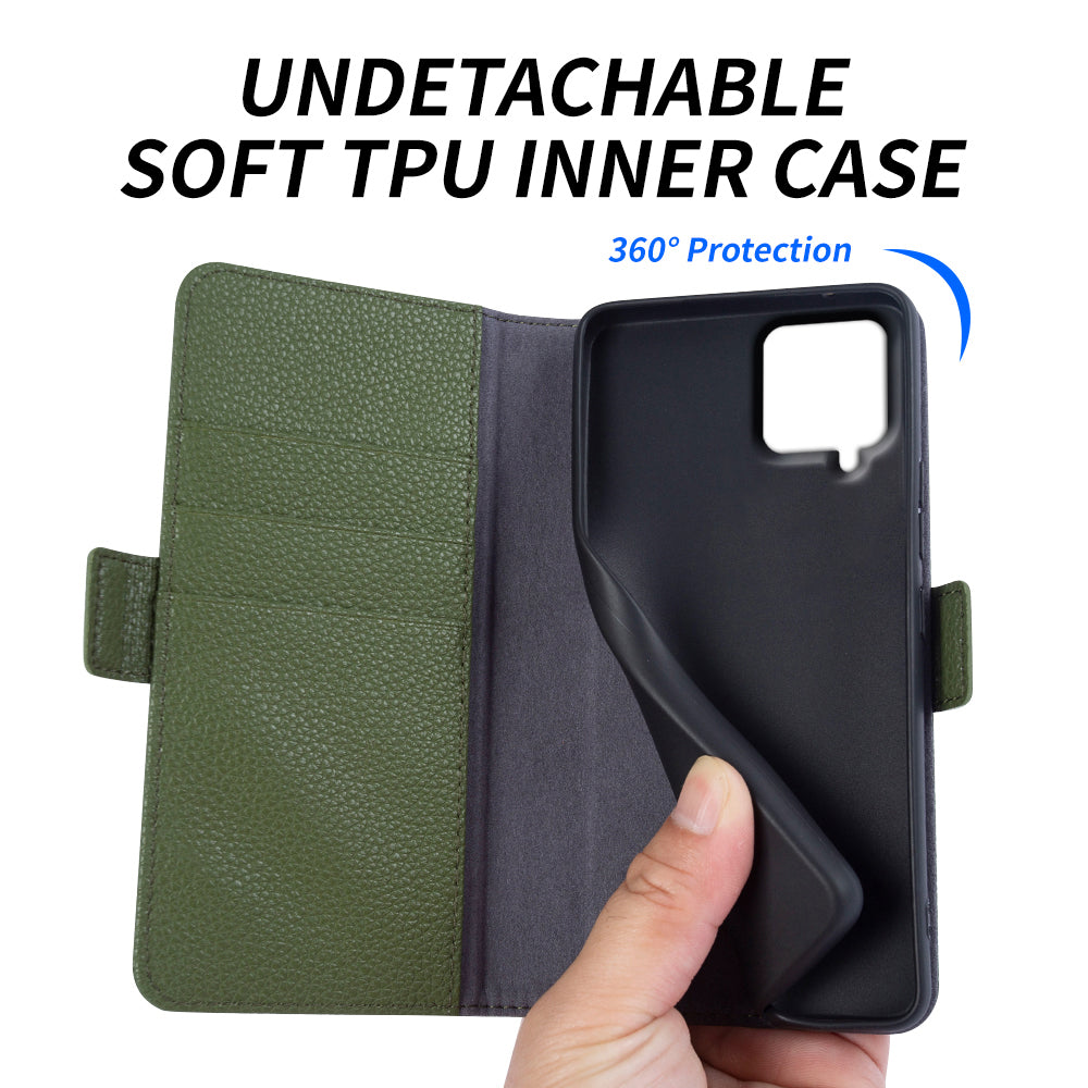 Anti-scratch Wallet Case for Samsung Galaxy A12 Litchi Texture Genuine Cow Leather Stand Phone Cover