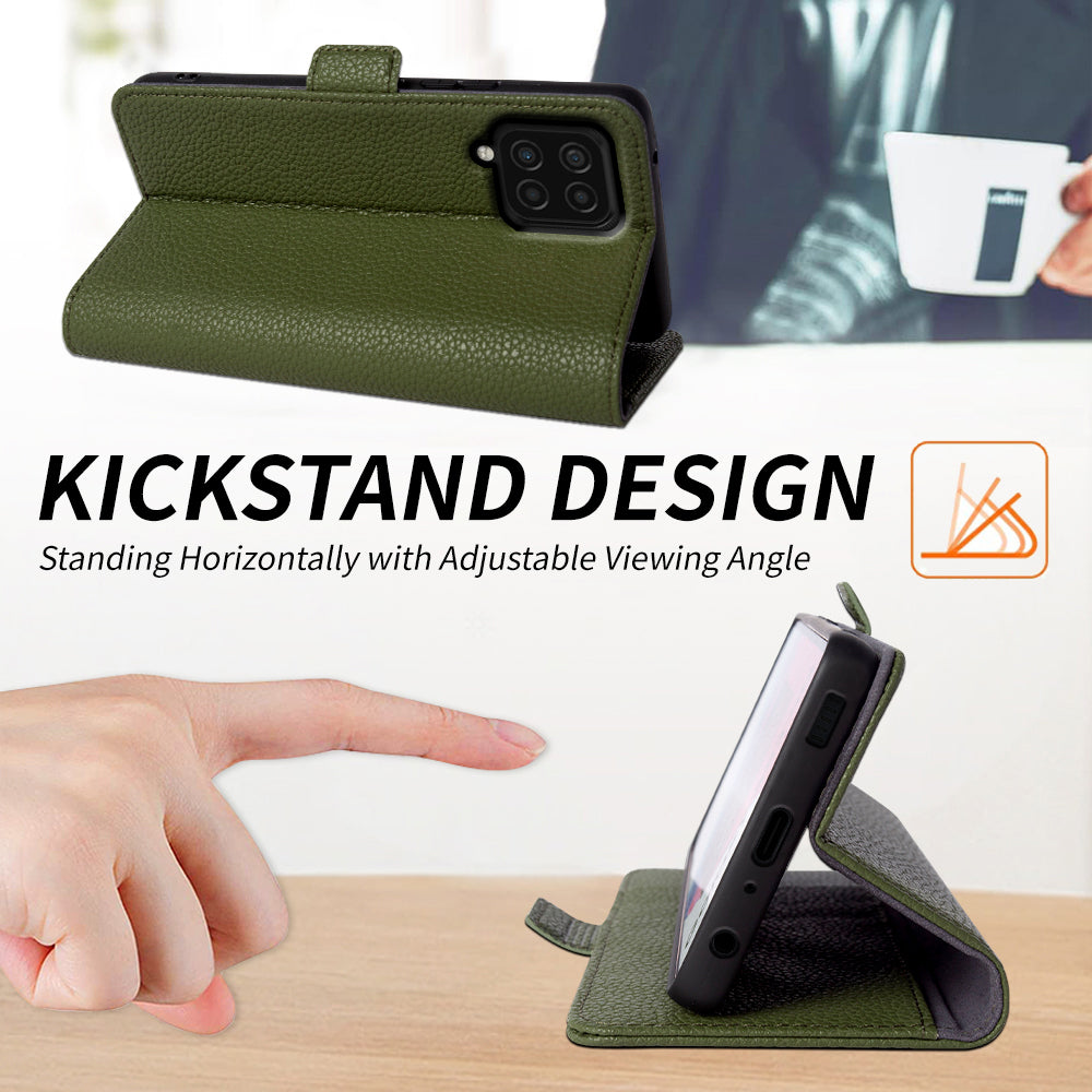 Anti-scratch Wallet Case for Samsung Galaxy A12 Litchi Texture Genuine Cow Leather Stand Phone Cover