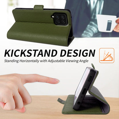 Anti-scratch Wallet Case for Samsung Galaxy A12 Litchi Texture Genuine Cow Leather Stand Phone Cover