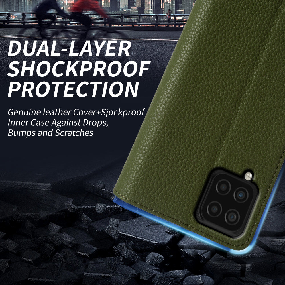 Anti-scratch Wallet Case for Samsung Galaxy A12 Litchi Texture Genuine Cow Leather Stand Phone Cover
