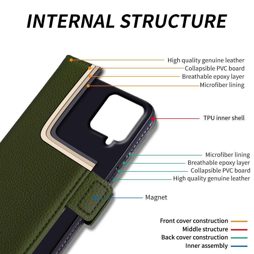 Anti-scratch Wallet Case for Samsung Galaxy A12 Litchi Texture Genuine Cow Leather Stand Phone Cover