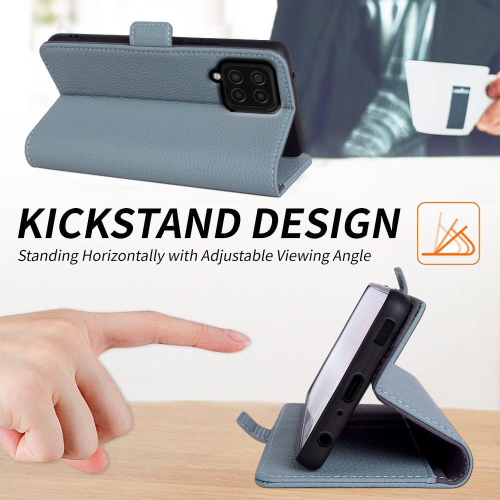 Anti-scratch Wallet Case for Samsung Galaxy A12 Litchi Texture Genuine Cow Leather Stand Phone Cover