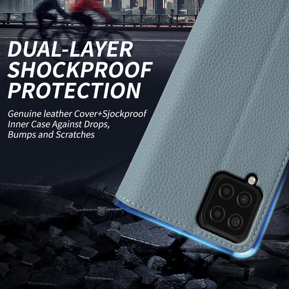 Anti-scratch Wallet Case for Samsung Galaxy A12 Litchi Texture Genuine Cow Leather Stand Phone Cover